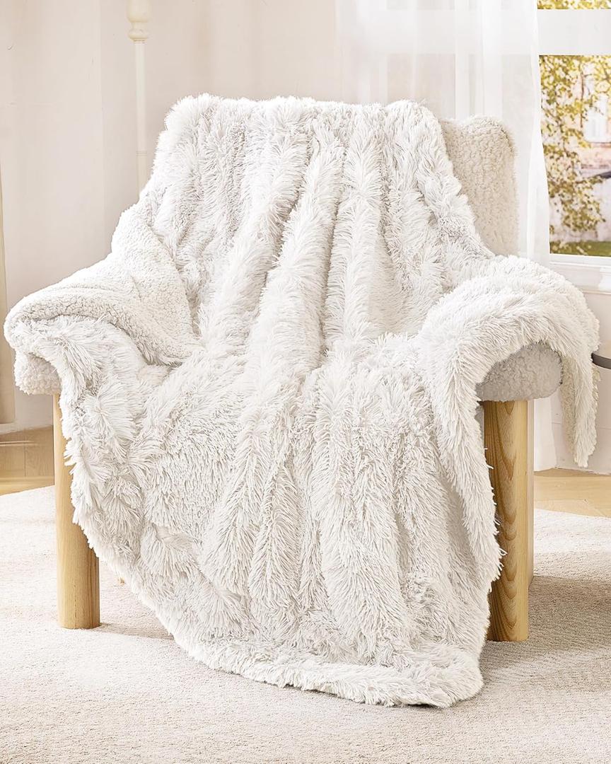 Super Soft Fluffy Faux Fur Throw Blanket for Couch, Fuzzy Sherpa Fleece Cozy Warm Gifts for Women, Room Decor Christmas Plush Thick Throw for Men, Minky Teen Gifts Winter Bedding, 50" x 60" (Cream)