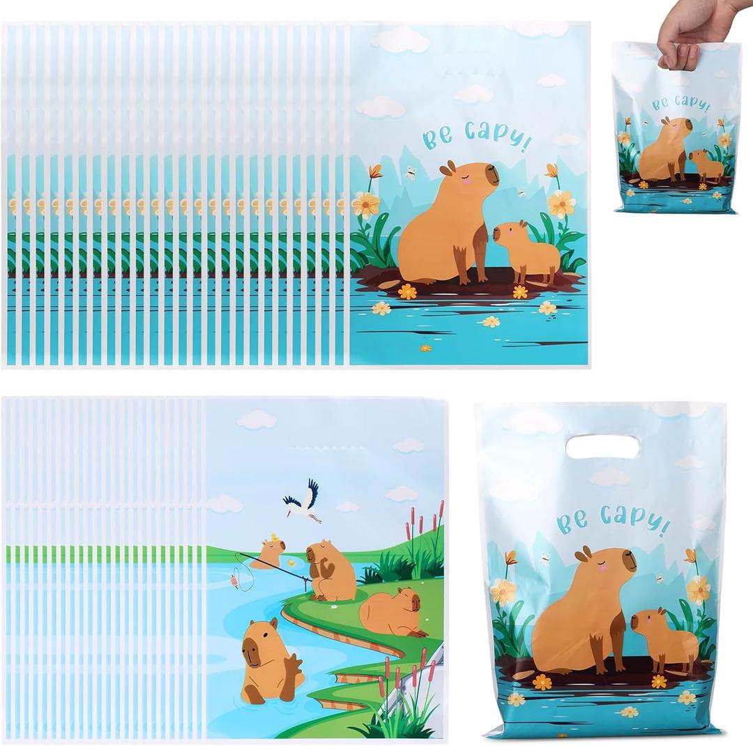 Tinoaly 50pcs Capybara Party Favor Bag with Handles, Cute Cartoon Candy Gift Bags Animal Theme Party Supplies for Children Boy Girl Birthday Baby Shower Animal Activity