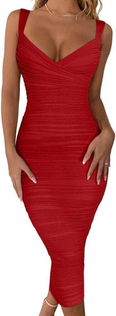 BEAGIMEG Women's Sexy Bodycon Sleeveless Ruched Mesh Club Party Midi Dress (Medium, Red) BEAGIMEG Women's Sexy Bodycon Sleeveless Ruched Mesh Club Party Midi Dress (Medium, Red)