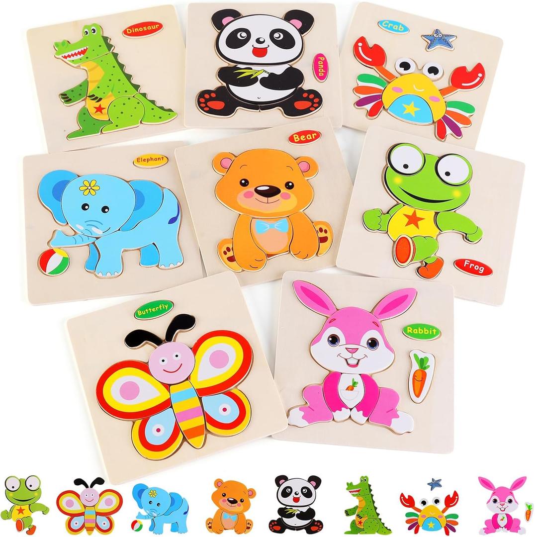 Wooden Puzzles for Toddlers 1-3, Pack of 8 Toddler Animal Puzzles Ages 2-4, Montessori Educational Animals Jigsaw Puzzles Christmas Birthday Gift for Baby Girl Boy Ages 1 2 3 4 Year Old