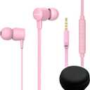 Joymiso Tangle Free Earbuds for Kids Women Small Ears with Case, Comfortable Lightweight in Ear Headphones, Flat Cable Ear Buds Wired Earphones with Mic and Volume Control for Cell Phone Laptop (Pink)