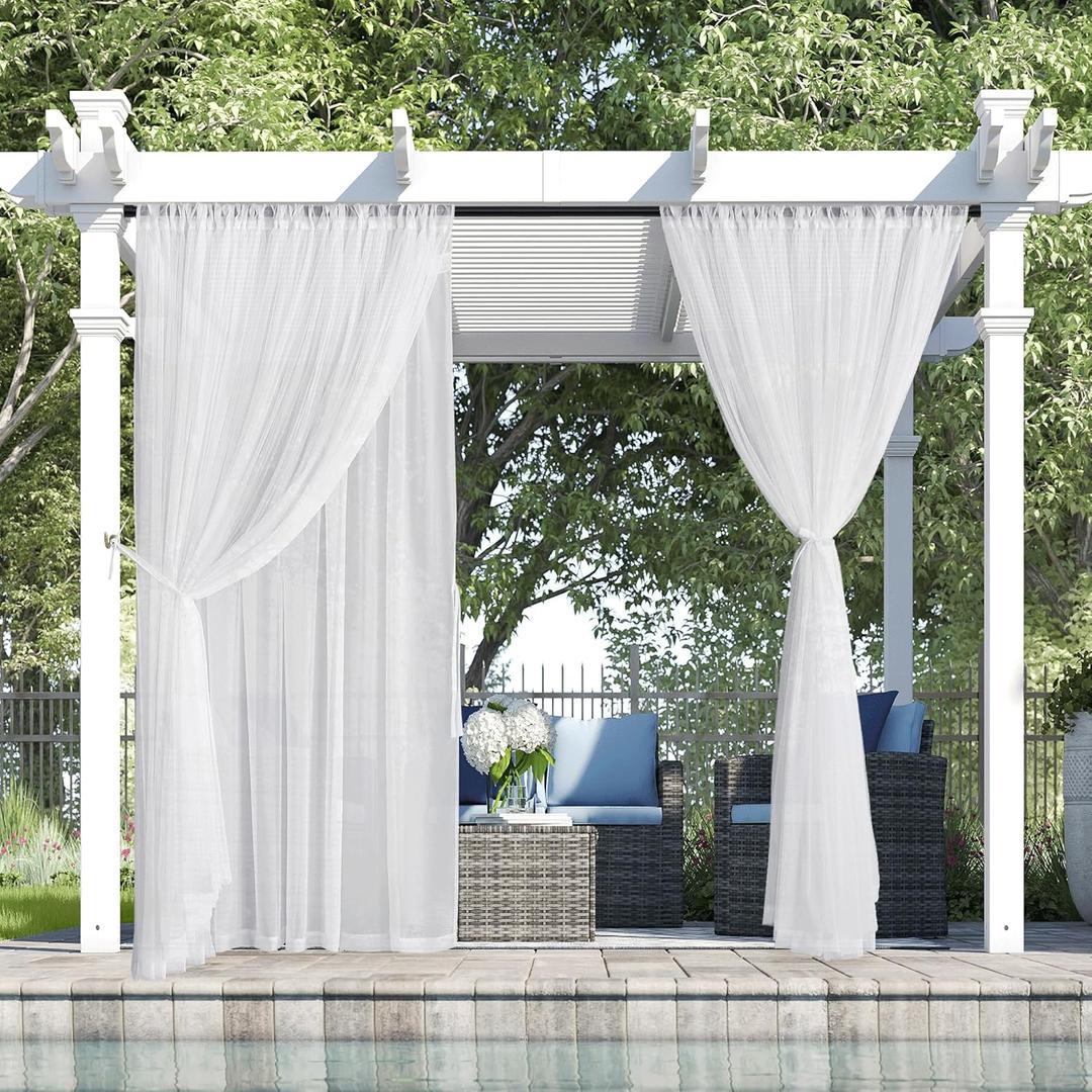 RYB HOME Sheer Curtains for Living Room, Mosquito & Voile Sheer Extra Long Waterproof Privacy Added Curtains for Porch Yard Pergola Balcony, W 54 x L 120 inches, White, 2 Panels Set
