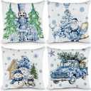 Mixweer 4 Pcs Chinoiserie Christmas Blue and White Throw Pillow Covers 18 x 18 Inch Nutcracker Pillow Covers Chinoiserie Christmas Decor Sleigh Xmas Tree Santa Claus Outdoor Decor for Home