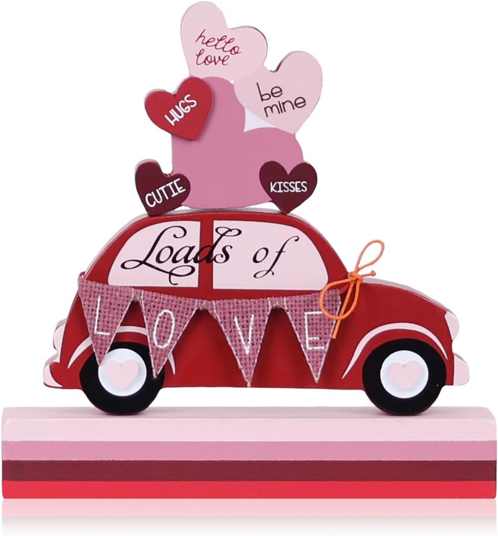 DECSPAS Valentines Day Decorations, Red Truck Wood Block Set Valentines Day Decor, Heart Ornaments Valentine Decor, Love Sign Valentines Decorations for The Home, Mantle, Dining Table