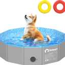 Peteast Foldable Dog Pool with 2 Flying Disks, Durable Hard Plastic Dog Swimming Pools for Large Dogs, Collapsible Pet Pool for Backyard & Indoor, Ideal Kiddie Pools for Dogs and Kids, 32 in