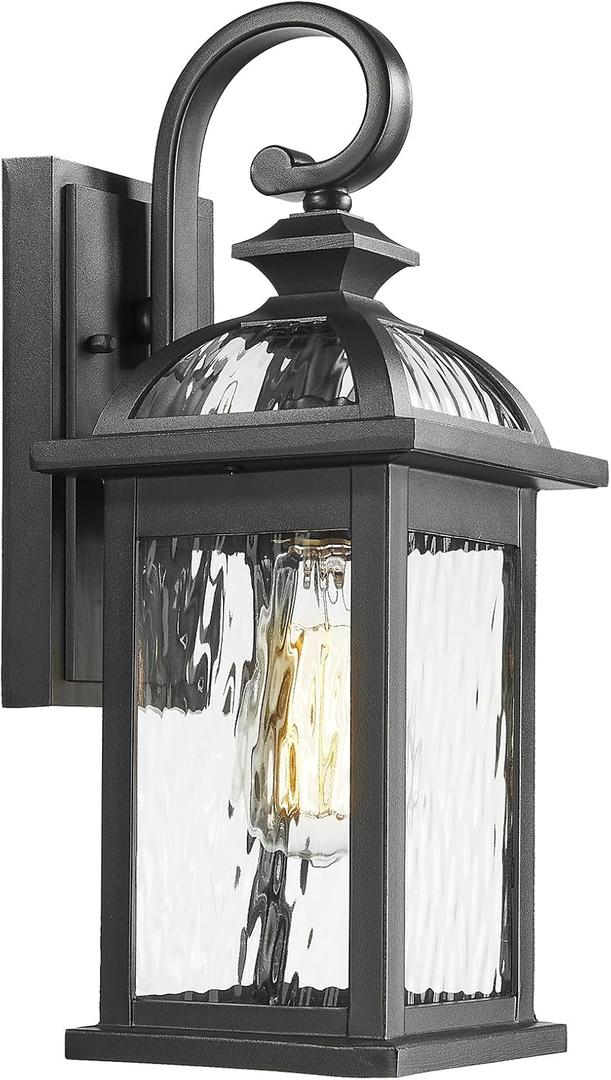 Darkaway Outdoor Lights Fixture Wall Mount, Exterior Wall Light with Water Ripple Glass Waterproof Black Outside Wall Sconce for House Porch Hallway Garage (15")
