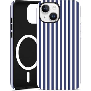 Jusy Compatible with MagSafe Striped Phone Case for iPhone 14 Plus, Cute Aesthetic Magnetic Soft TPU and Hard PC Protective Phone Cover for Women GirlsMatte - Navy Blue
