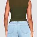 PRETTYGARDEN Women's Summer Sheer Mesh Tank Tops 2025 Trendy Casual Sleeveless Mock Neck Ruched Slim Fitted Going Out Shirts (X-Large, Army Green)