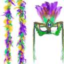 Sucrain Carnival Masquerade Mask and 71 Inch Mardi Gras Feather Boa for Women Costume Party Supplies