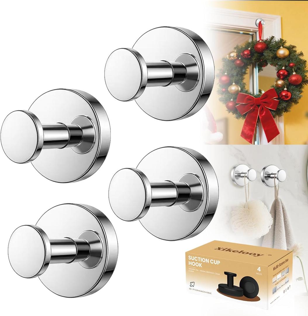 Suction Cup Hooks, Suction Cup Hooks for Shower,Removable Towel Hooks for Bathroom Window Glass Door Wall, Bath Robe Looafh Wreath Hook for Hanging (Bright Silver)