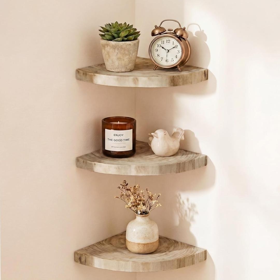 Corner Floating Shelves for Wall Set of 3, Solid Wood 7 Inch Rounded Corner Shelves Wall Mounted Natural Solid Elm Wood Shelf, Wooden Hanging Shelf for Bedroom, Rustic Style for Decor