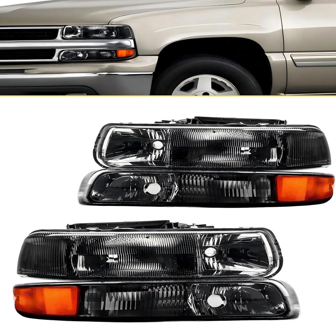 Torchbeam Headlights Assembly Compatible with 1999-2002 Chevy Silverado 1500/2500 OE Headlamp Replacement for 2001-2006 Tahoe Pair Fornt Head light Amber Reflector Smoke Lens