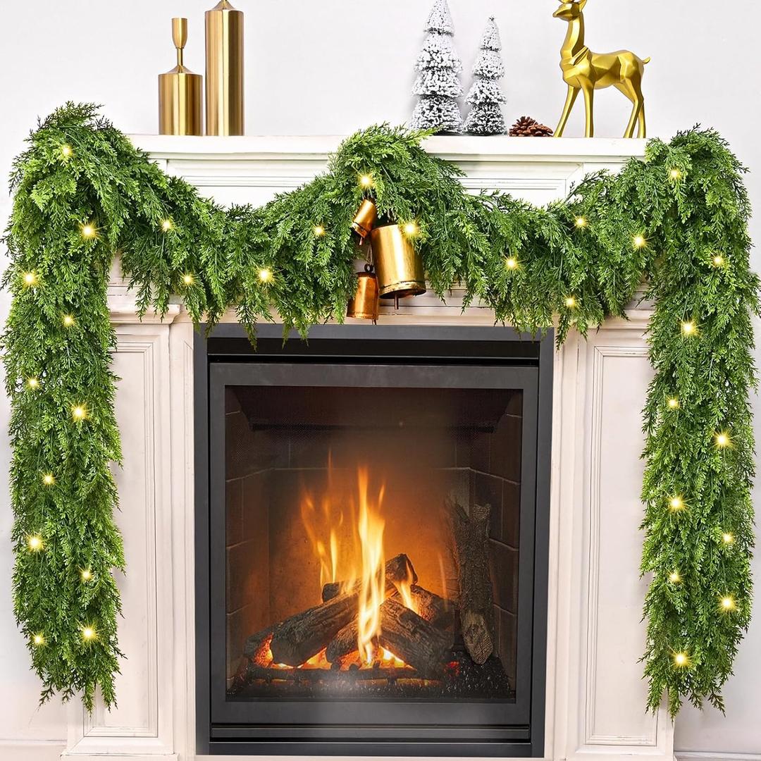 Real Touch Faux Cedar Garland Artificial Realistic, 6 FT Norfolk Pine Garland Realistic, Christmas Garland with Lights for Mantle Table Front Door Indoor Outdoor Christmas Decor (1 Pack)