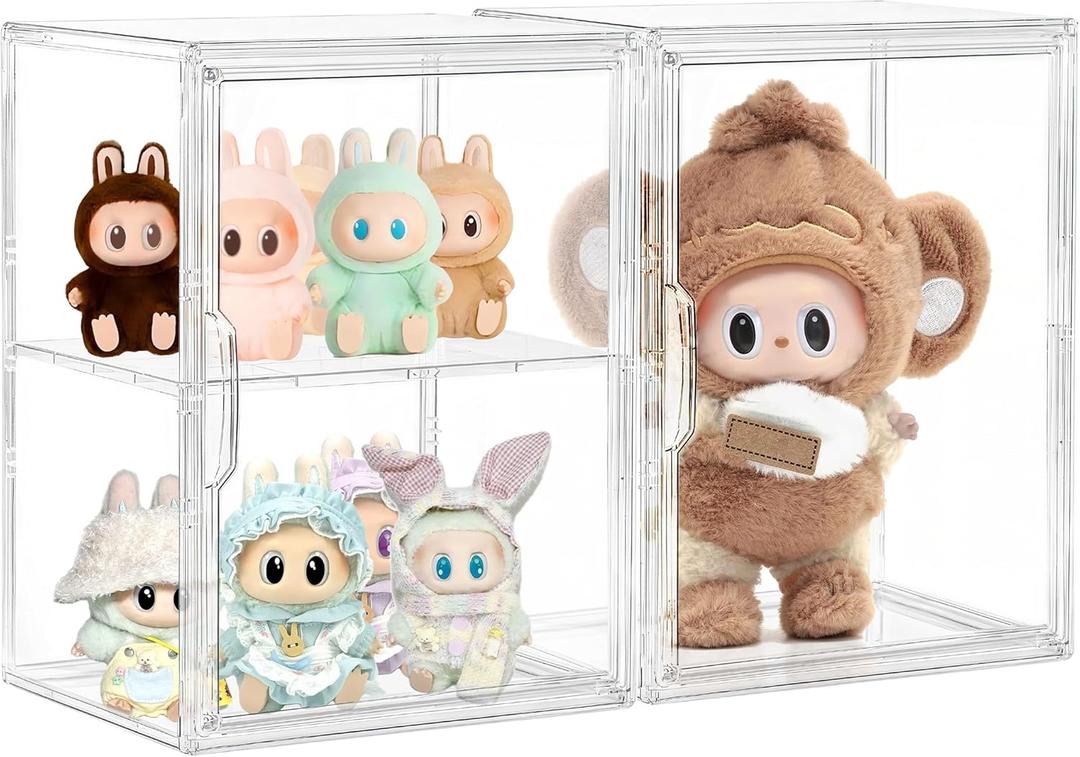 Acrylic Display Case, 2 Pack Clear Display Cases Compatible with Labubu POP MART,Figure Display Case with Magnetic Door, 2 Layer Acrylic Box with Movable Dividers