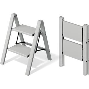 Mayi Plus 2 Step Ladder,Aluminum Folding Step Stool for Adults,Step Ladder with Wide Anti-Slip Pedal,330 lbs Capacity for Home,Office,Kitchen,Library(Grey)