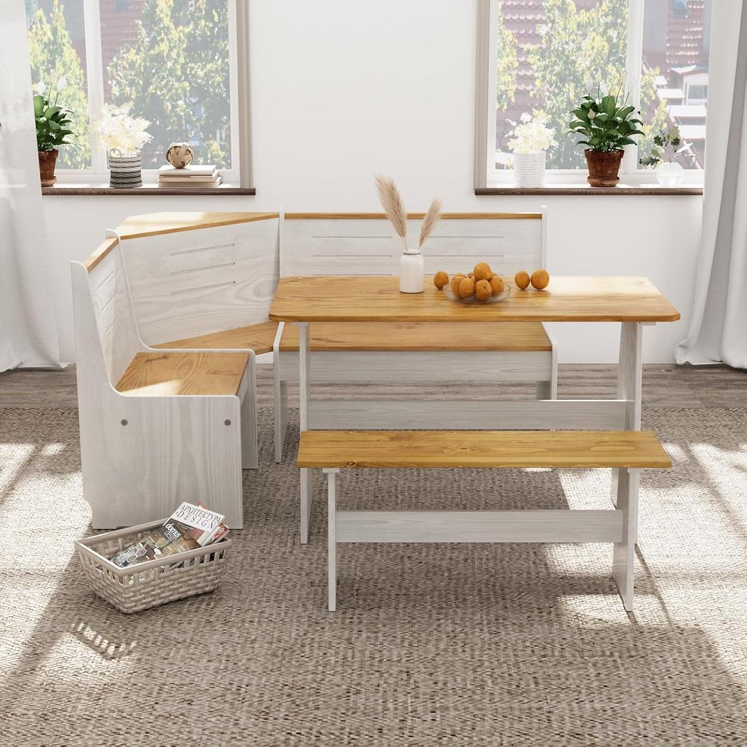Breakfast Nook Dining Table Set  L-Shaped Kitchen Nook Booth with Bench Seating, Farmhouse Banquette Corner Dining Table for Small Spaces, White Wood Dining Furniture