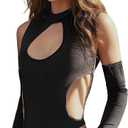 Black Rave Outfit for Women Streetwear Hollow Out Y2K Outfits Long Sleeve Cutout Bodysuit