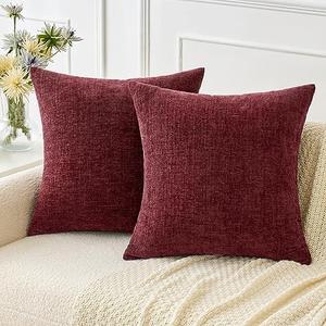 MIULEE Pack of 2 Wine Red Couch Throw Pillow Covers 20x20 Inch Soft Chenille Pillow Covers for Sofa Living Room Solid Dyed Pillow Cases