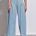 PLNOTME Womens Baggy High Waisted Jeans Loose Boyfriend Wide Leg Side Pleated Denim Pants (Blue)