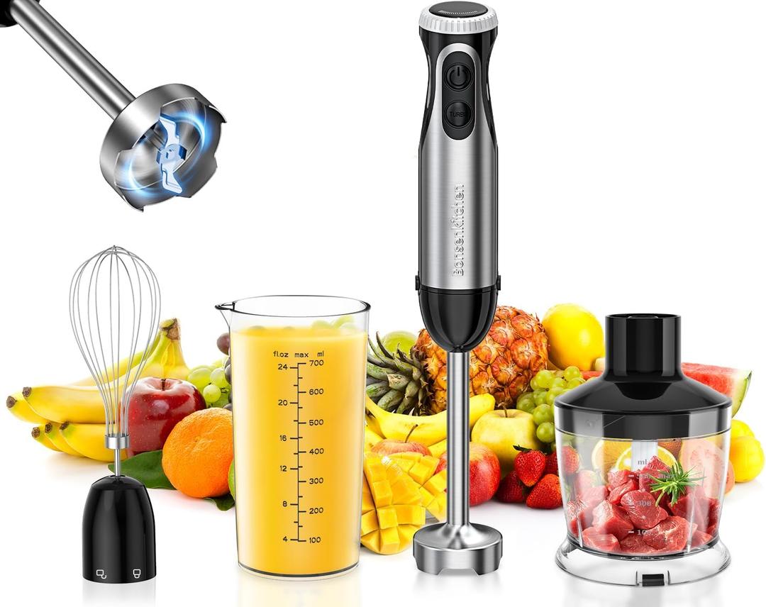 Bonsen kitchen 4-in-1 Immersion Blender Handheld, 20 Speeds Hand Blender with Turbo Mode, Stainless Steel Blade, Egg Whisk, Beaker & Chopper Bowl, Stick Mixer for Soup, Smoothie, Puree, Baby Food