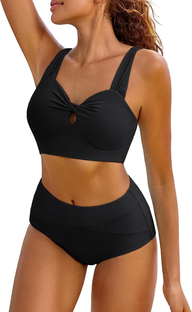 Hanna Nikole Bikini Sets for Women V Neck Tummy Control Swimsuits Criss Cross Two Piece Swimsuits Front Twist Cut Out Tops (XX-Large, Black)