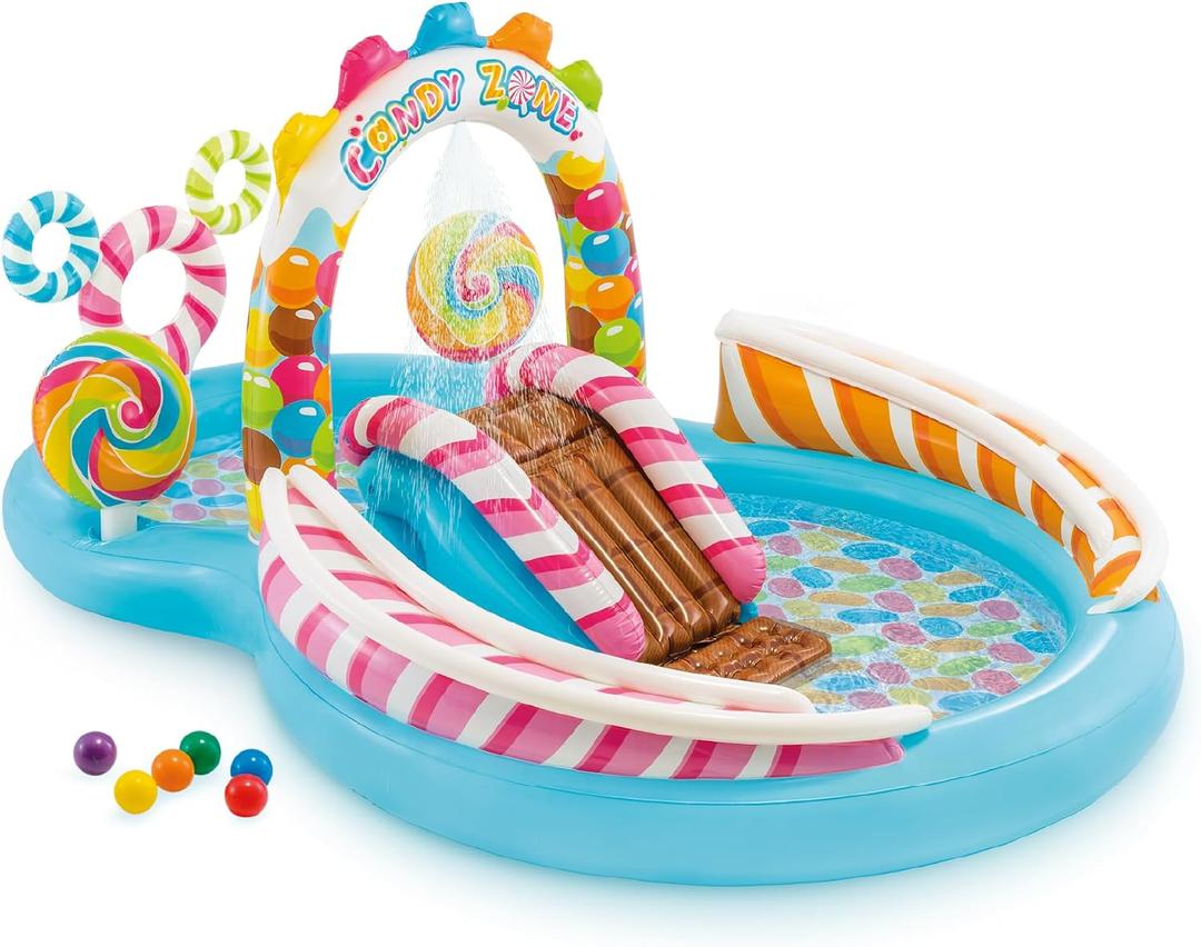 INTEX Candy Zone Inflatable Kiddie Pool: Inflatable Kids Pool with Water Sprayer and Slide Splash Pad 116" x 75" x 51" Ages 3+