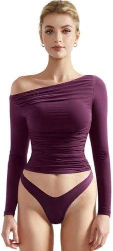 SUUKSESS Women Off Shoulder Long Sleeve Shirts Double Lined Fitted Crop Tops M