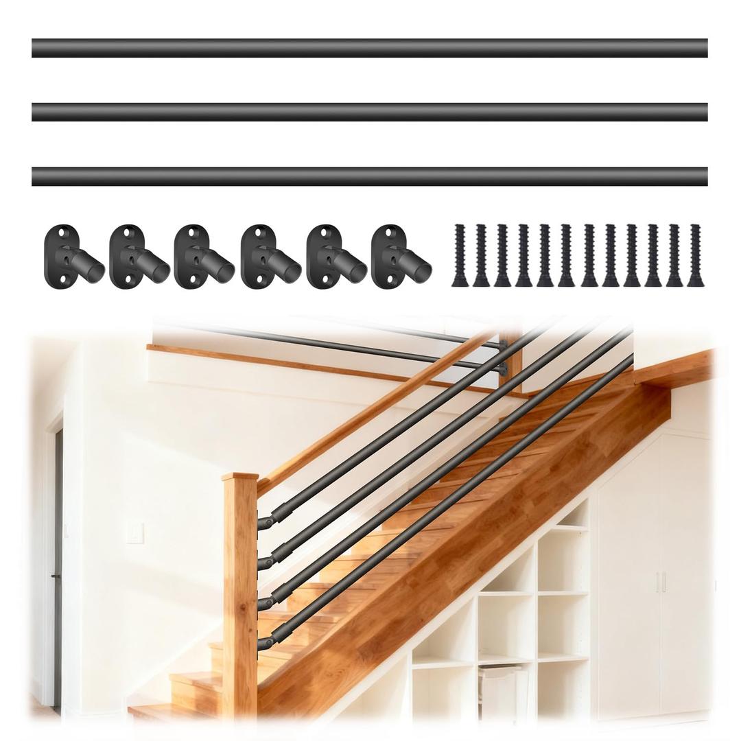 8 Foot x 1-inch Round Horizontal Bar Baluster for Stair Remodel- Wrought Iron Hollow Staircase Metal Spindles for Indoor Staircase-Stair Installation-Matte Black 3 Pack