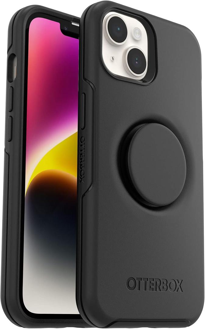 OtterBox iPhone 14 Plus Otter + Pop Symmetry Series Case - Black, Integrated PopSockets PopGrip, Slim, Pocket-Friendly, Raised Edges Protect Camera & Screen