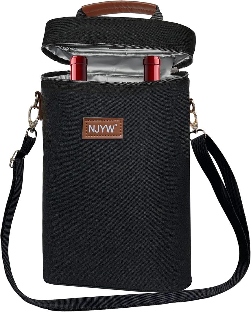 2 Bottle Insulated Wine Cooler Tote BagLeakproof Padded Wine Carrier with Handle & Shoulder Strap, Portable Beverage Cooler for Travel, Picnic, Beach, PartyGreat Gift for Wine Enthusiasts (Black)