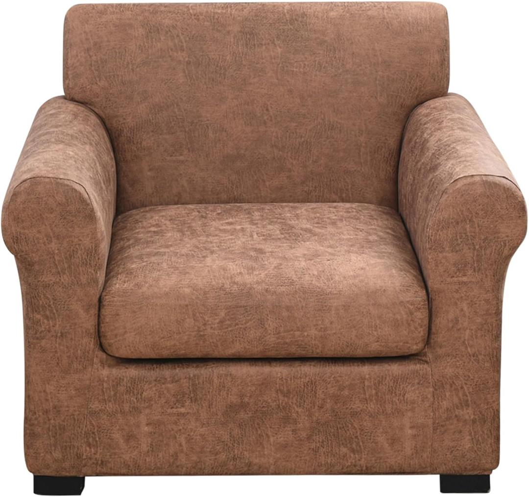 FUANGUI 2 Piece Chair Covers Stretch Arm Covers Chair Couch Covers, Faux Leather Looking Armchair Slipcover with Separate Chair Cushion Cover, Washable Chair Protector for Living Room - Light Brown