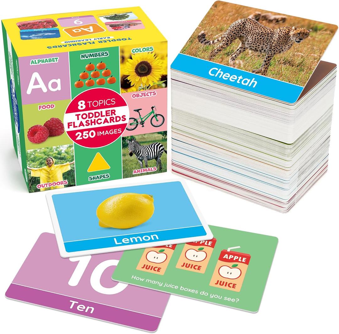 BenBen Flash Cards for Toddlers, Extra Thick, 250 Images, Double-Sided Educational Flashcards, Alphabet, Number, Animal, Shape, Color, Preschool Learning Activities, Gift for Kids 1 2 3 4 Years