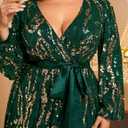 Women's Plus Sized Long-Sleeved Sequined Dress V-Neck Design high Slit Oversized Skirt Formal Ball Gown Party Evening Dress (Green, XXXL)