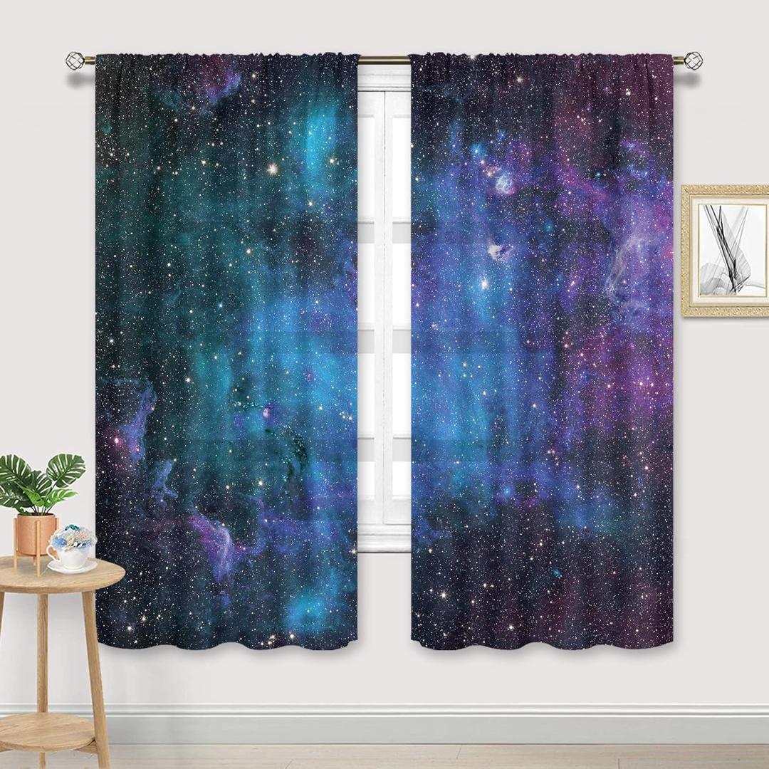 Cinbloo Kids Outer Space Sheer Galaxy Curtains Rod Pocket 41(W) x 62(L) Inch Universe Blue Planet Nebula Fantasy Starry Sky Star Boys Bedroom Decor Living Room Thin Window Drapes Fabric 2 Panels