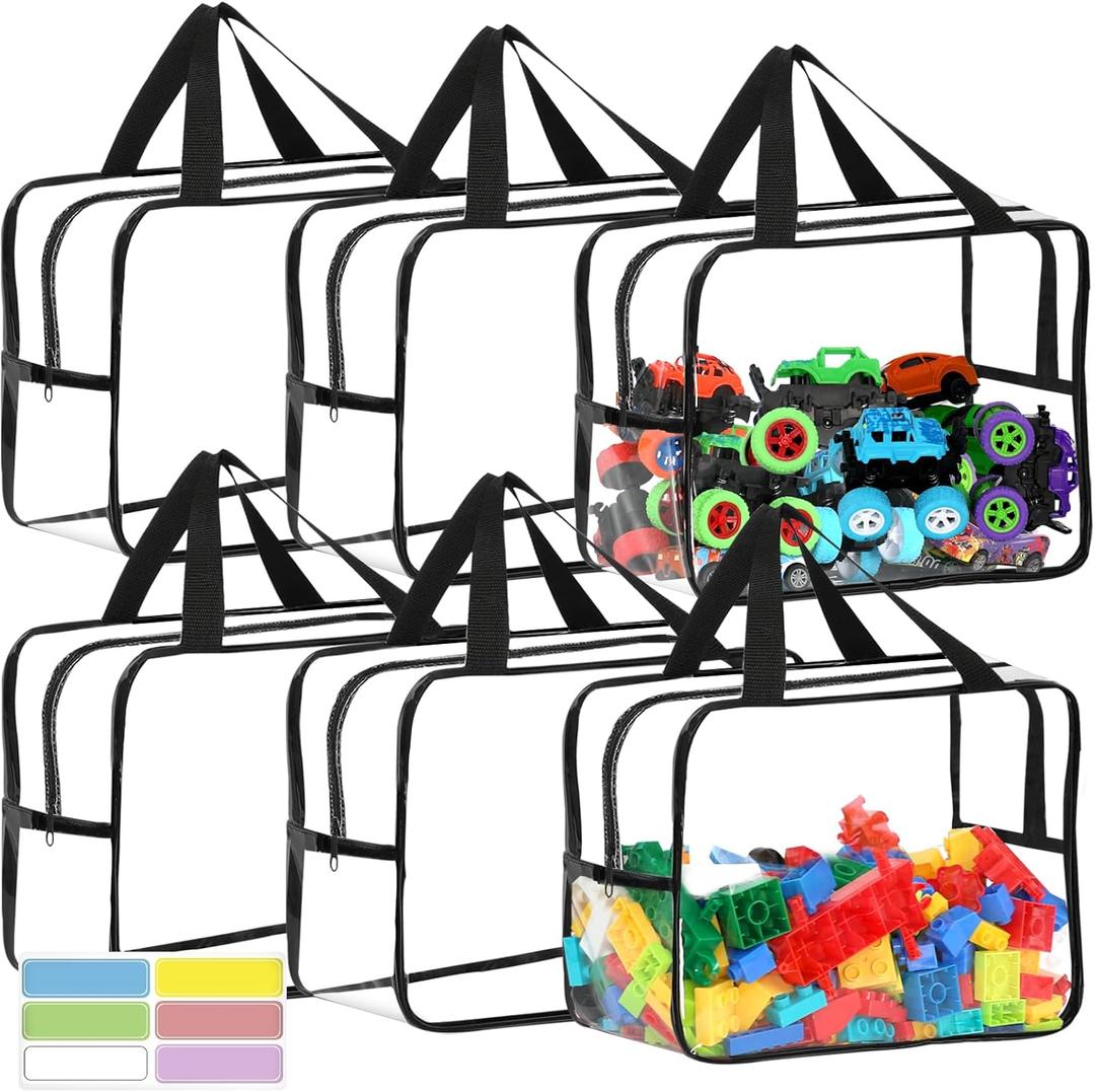 6 Packs Widen X-Large Toy Storage Bags 12.69.256.9In with Labels, Reusable Clear PVC Board Game Storage, Travel Waterproof Organizer Bags with Zipper for Building Blocks, Puzzle, Stuffed Animals (black)