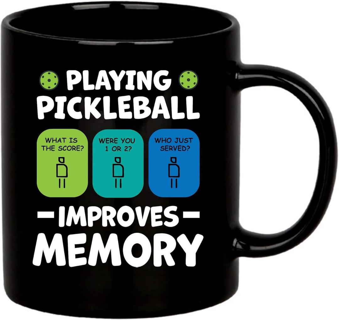 Playing Pickleball Improves Memory Pickleball Ceramic Mug Pickleball Lovers Gifts Coffee Cup 11 oz (Black)