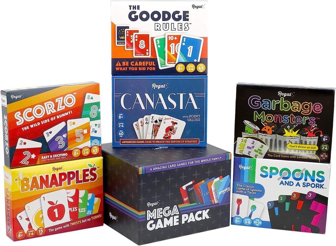 Regal Games Fun Card Games Set for Adults - Slap Jack, Garbage Monsters, The Goodge Rules, and Banapples Decks - Fun & Travel Playing Cards for Family Game Night