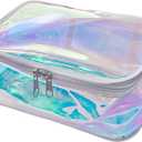 TPU Holographic Clear Makeup Bags Bulk,Clear Storage Bag Toiletry Pocket Portable Zippered Iridescent Pouch Waterproof Cosmetic travel Bags with white zipppe for Women
