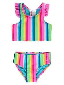RuffleButts Girls UPF50+ Sun Protected Racerback Flutter Tankini 2-Piece Swimsuit - Neon Rainbow Stripe, 5