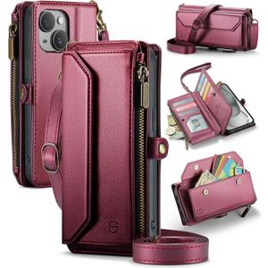 Strapurs for iPhone 15 Plus - Zipper Strap Wallet Case for Women, Wine Red | RFID Blocking 10-Card Holder, Shoulder Lanyard, Wirst Strap, Zipper Pocket, Magnetic Snap, PU Leather, Phone Cover for Women