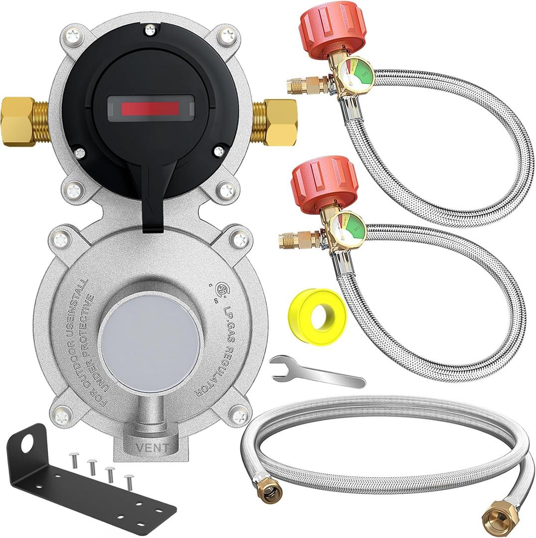 2 Stage Auto Changeover LP Propane Gas Regulator with 2 Pcs 18"RV Pigtail Propane Hose with Gauge and 4FT Stainless Braided Regulator Hose Assemblies Dual Propane Tank Regulator for RVs,Trailers,Campe