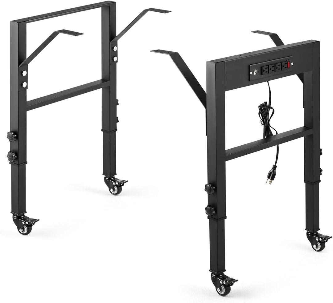 19.6-Inch Depth Workbench Frame, Height Adjustable 28.5" to 33.8",Set of 4 Metal Wheels with Brakes, Heavy Duty Industrial DIY Furniture Legs for Study（Power Outlets/Wheel）