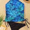 Women's Funny Graphic Drawstring Halter Two Piece Tankini Set Summer Swimwear Beach Vacation Swimsuits (Blue, L)