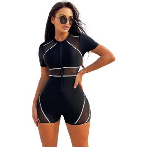 SISKIN Swim Suits for Women 2026, One Piece Tummy Control Short Sleeve Mesh Zipper Athletic Colorblock Modest Bathing Suit (Black, M)