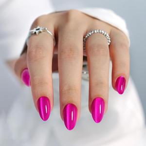 Hot Pink Almond Cat Eye Press on Nails - GJZEZ Soft Gel Short Fuchsia Glass Cateye Fall Stick on Nails Press Ons, Neon Pink Mauve Fake Nail | 16 Sizes - 32 pcs Reusable Prom False Nail, Magenta Rose