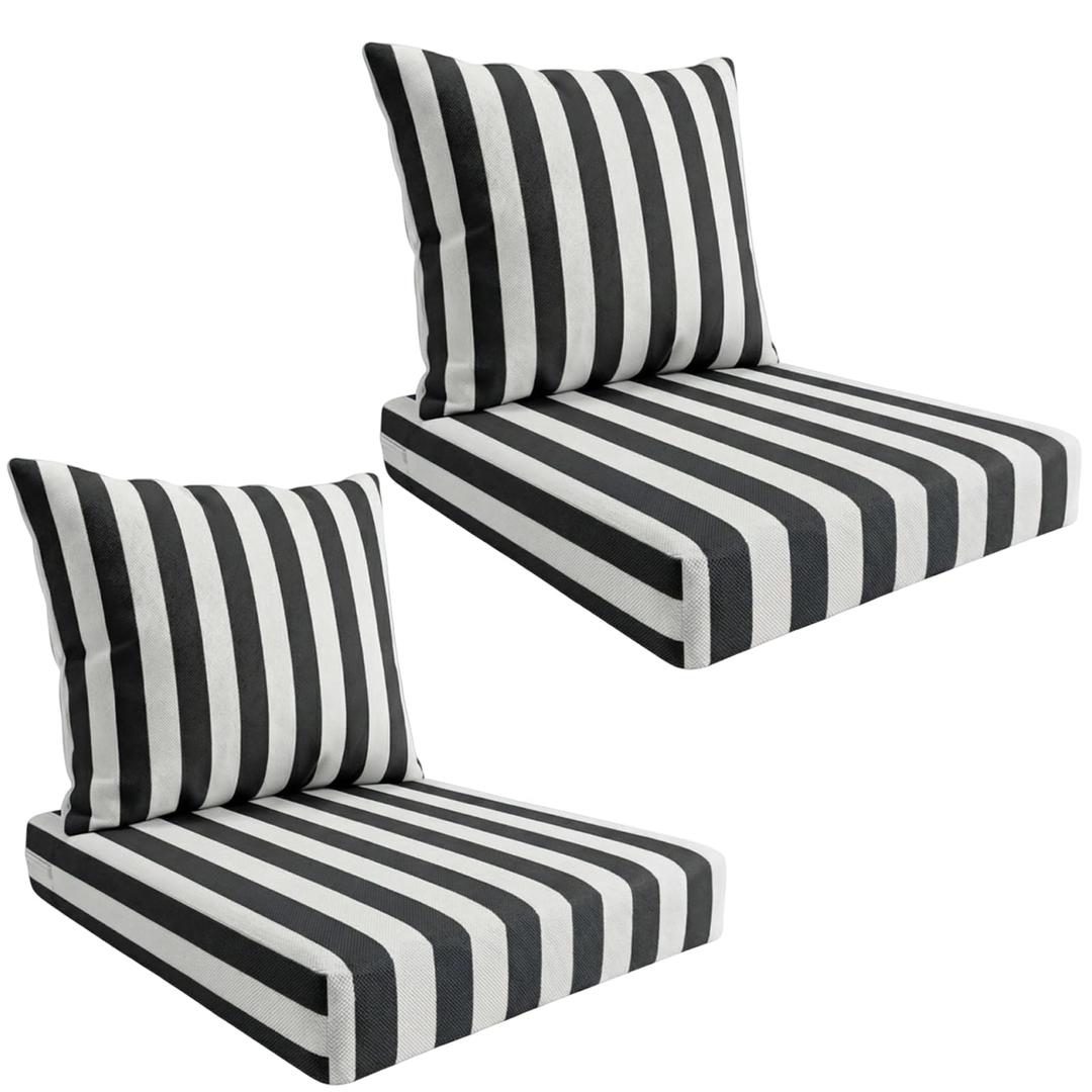 Outdoor Deep Seat Cushion Set, Weatherproof and Fade-Resistant Patio Chair Cushions, 24x24x4 in, 2-Piece Set, with Non-Slip and Outdoor Cushions, Suitable Chairs and loveseats (Black White Stripes)