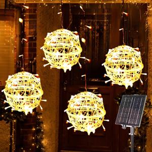WISEgham Christmas Solar String Lights Outdoor, 4Pc 160LED 29.5ft Solar Powered Globe Fairy Lights Waterproof, 8 Modes Ball Lights Outside for Tree Garden Yard Porch Lawn Holiday Decor, Warm White