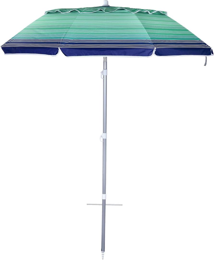 6.5ft folded Portable beach umbrella with sand anchor windproof, Push Button Tilt and Air vent UPF 50+ Protection Fits in a large Suitcase for Patio Garden Beach Pool Backyard, Blue Multi Stripe CA-1902