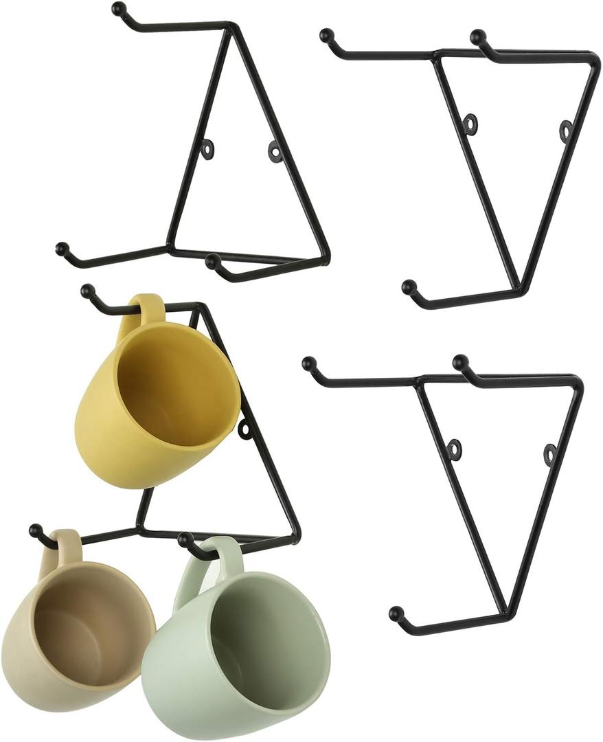 MyGift Matte Black Metal Triangular Coffee Mug Holder Wall Mount Display Rack Mug Organizer with 3 Hooks, Set of 4