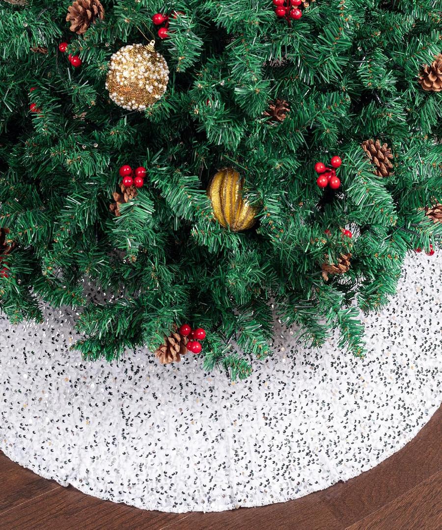 Mr. Pen- Silver Sequin Christmas Tree Skirt and Tree Collar, 24 Inch Base Cover, 24.8 Inch Foldable Sparkling Sequin Trees Skirt Collar, Christmas Skirt Tree